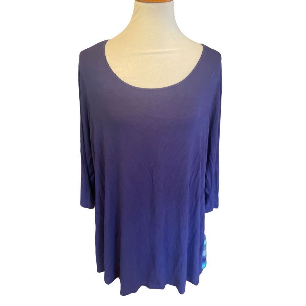 Rose+Olive Women's Scoop Neck Top Striped Button 3/4 Sleeve Shirt Blue Size XL